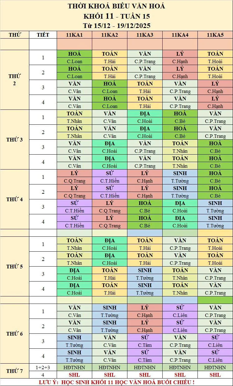 Thời khóa biểu văn hóa lớp 11