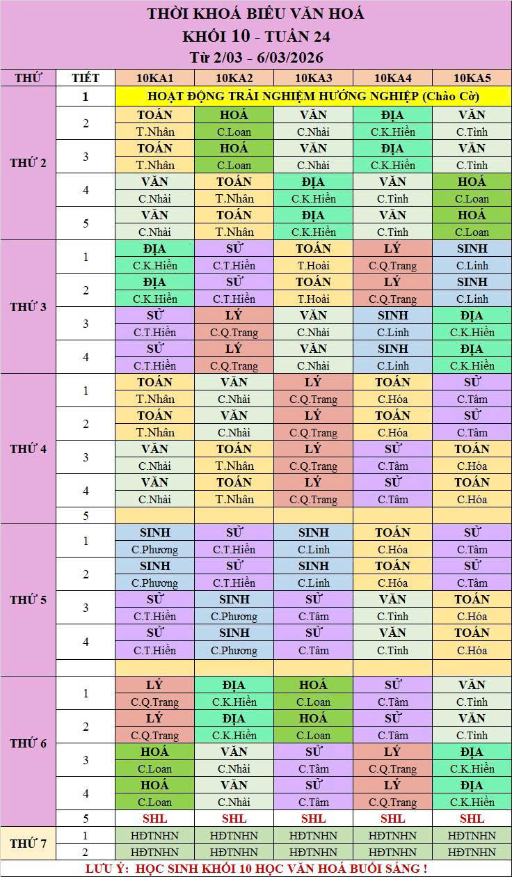 Thời khóa biểu văn hóa tuần 24