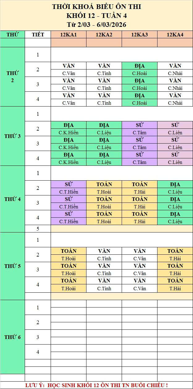 Thời khóa biểu ôn thi khối 12